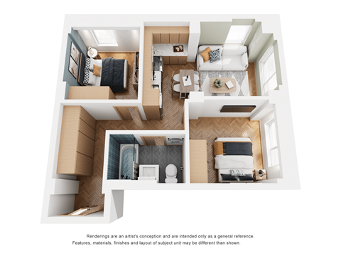 a stylized 3d floor plan with a bedroom and living room